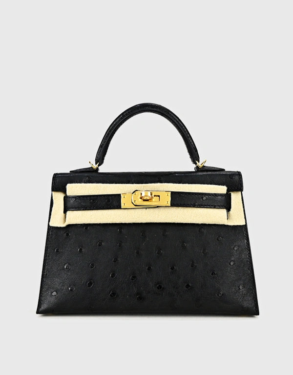 HERMES Mini Kelly 20 Ostrich Black Gold Hardware | WATCHXNYC