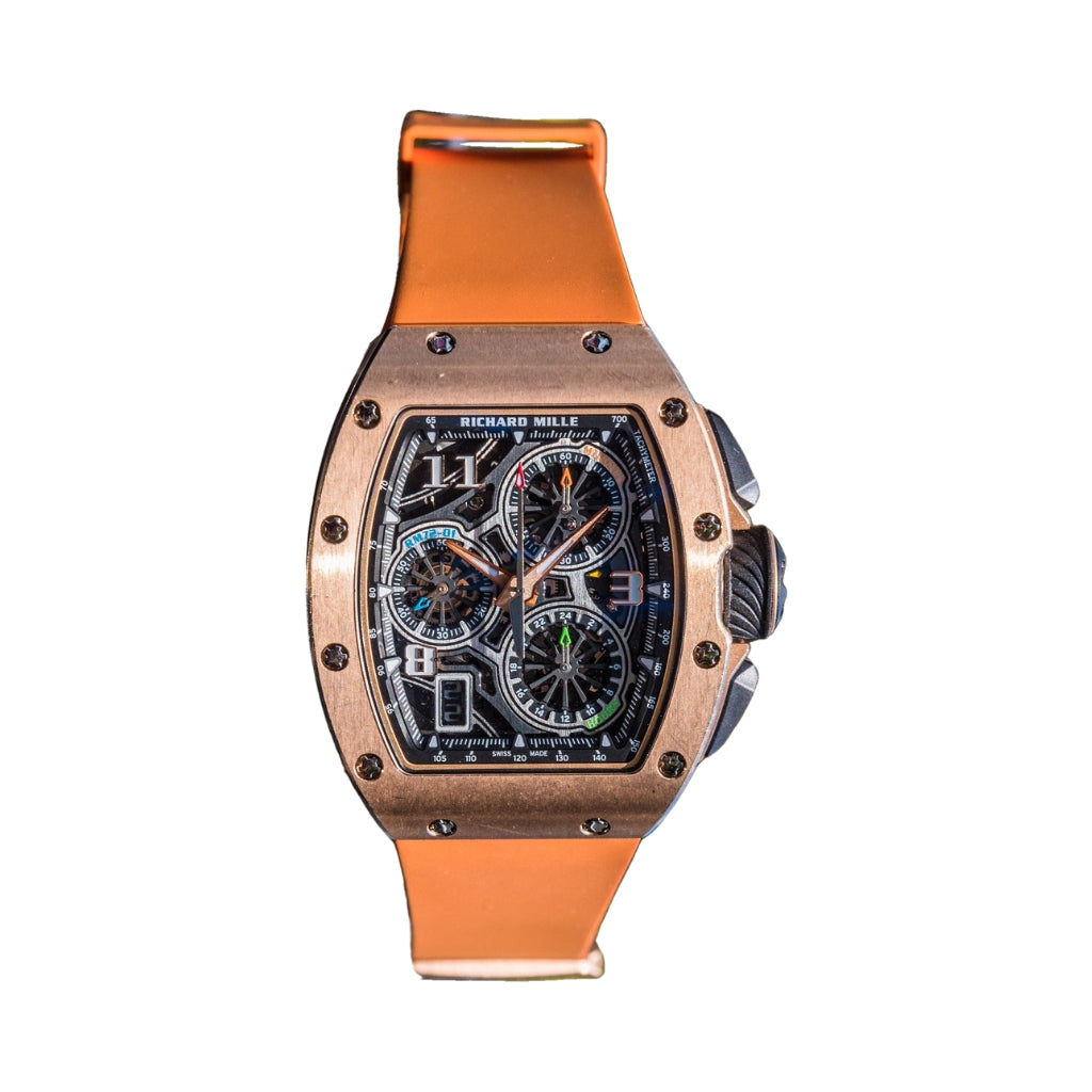 Richard Mille RM72-01 Automatic Winding Lifestyle Flyback Chronograph 38.40 mm x 47.34 mm Transparent Dial 18k Rose Gold and Ceramic Rubber Strap - WATCHXNYC