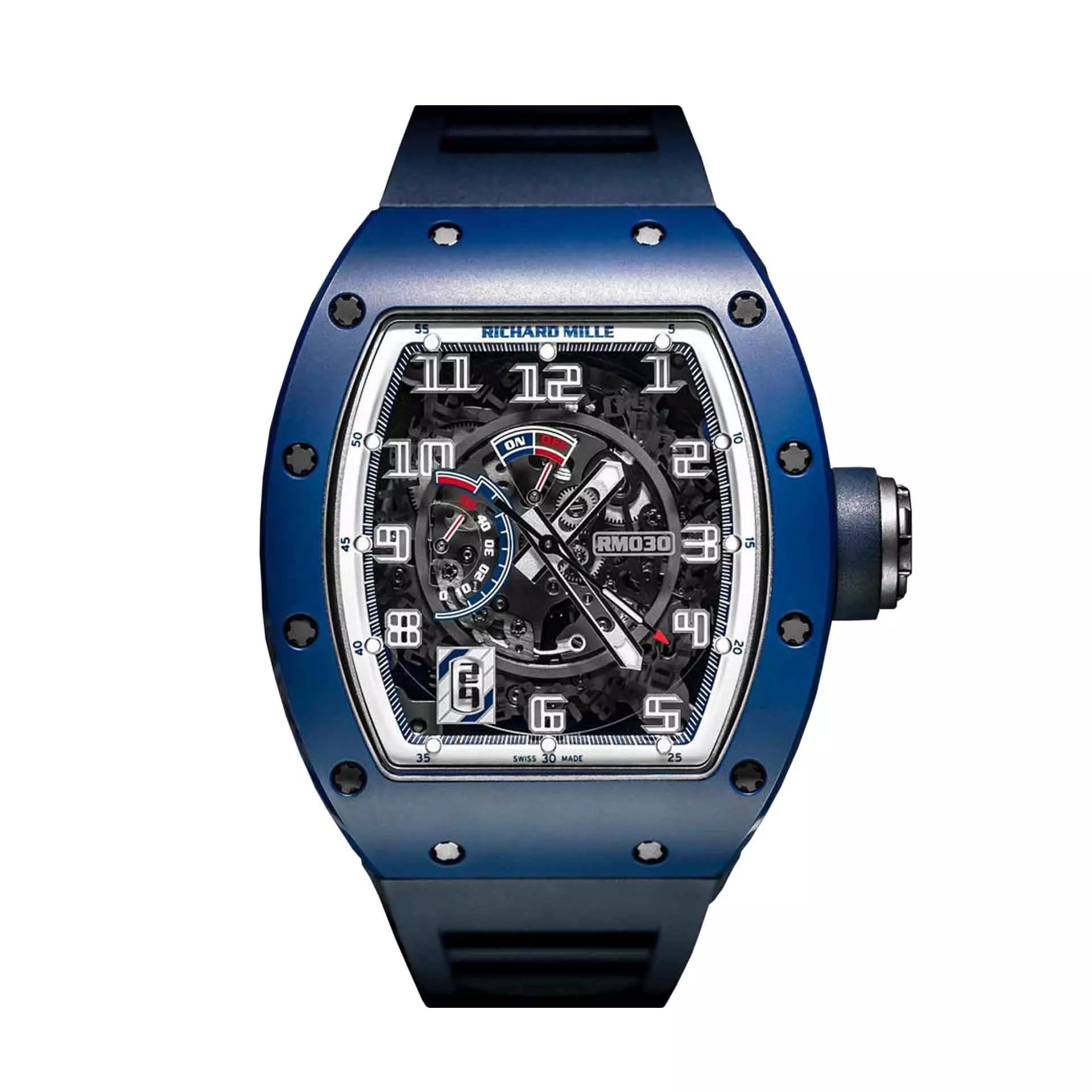 Richard Mille RM030 EMEA 42.7 mm x 50 mm Transparent Dial Blue Ceramic Rubber Strap - WATCHXNYC