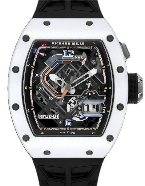 Richard Mille RM30-01 Automatic Winding with Declutchable Rotor 31 mm Black Dial Platinum Rubber Strap - WATCHXNYC