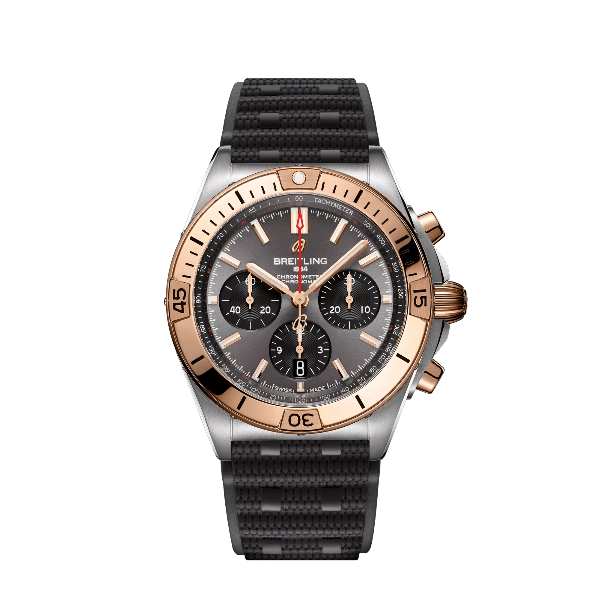 Breitling Chronomat B01 42 mm Grey and Black Dial Stainless Steel & 18K Red Gold Black Rubber Strap UB0134101B1S1 - WATCHXNYC