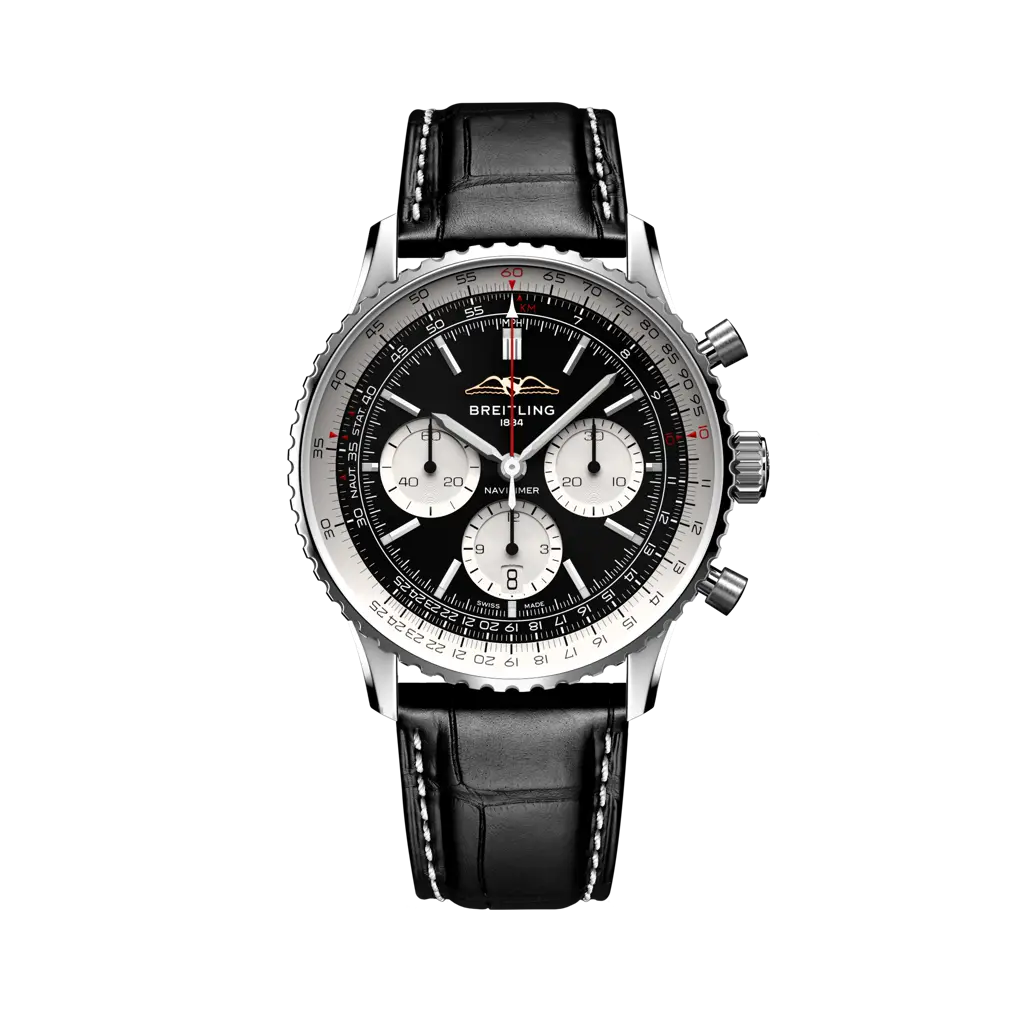 Breitling Navitimer B01 Chronograph 43 mm Black And White Dial Stainless Steel Leather Strap AB0138211B1P1 - WATCHXNYC