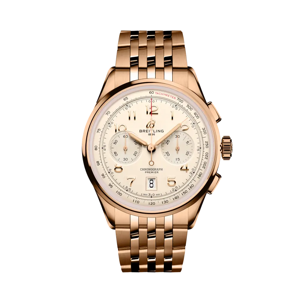 Breitling Premier B01 Chronograph 42 mm Rose Yellow Glod Dial 18k Rose Gold 18k red gold  Metal Bracelet RB0145371G1R1 - WATCHXNYC