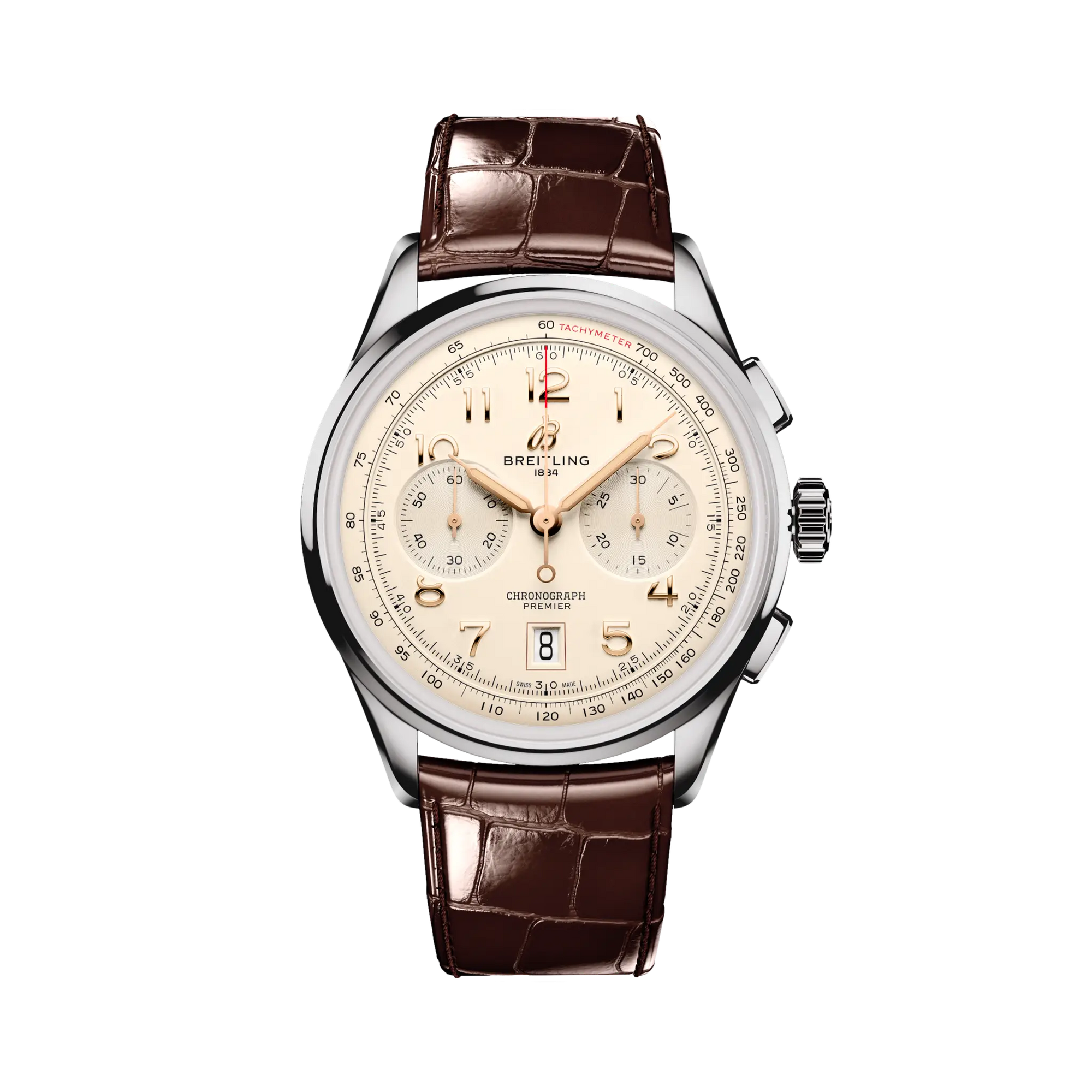 Breitling Premier B01 Chronograph 42 mm White Dial Stainless Steel   Leather Brown Strap AB0145211G1P1 - WATCHXNYC