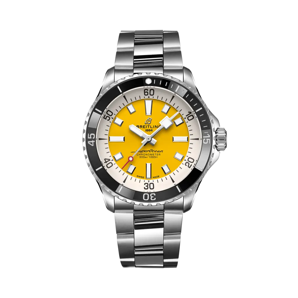 Breitling Superocean Automatic 42 mm White And Yellow Dial Stainless Steel Bracelet A17375211I1A1 - WATCHXNYC