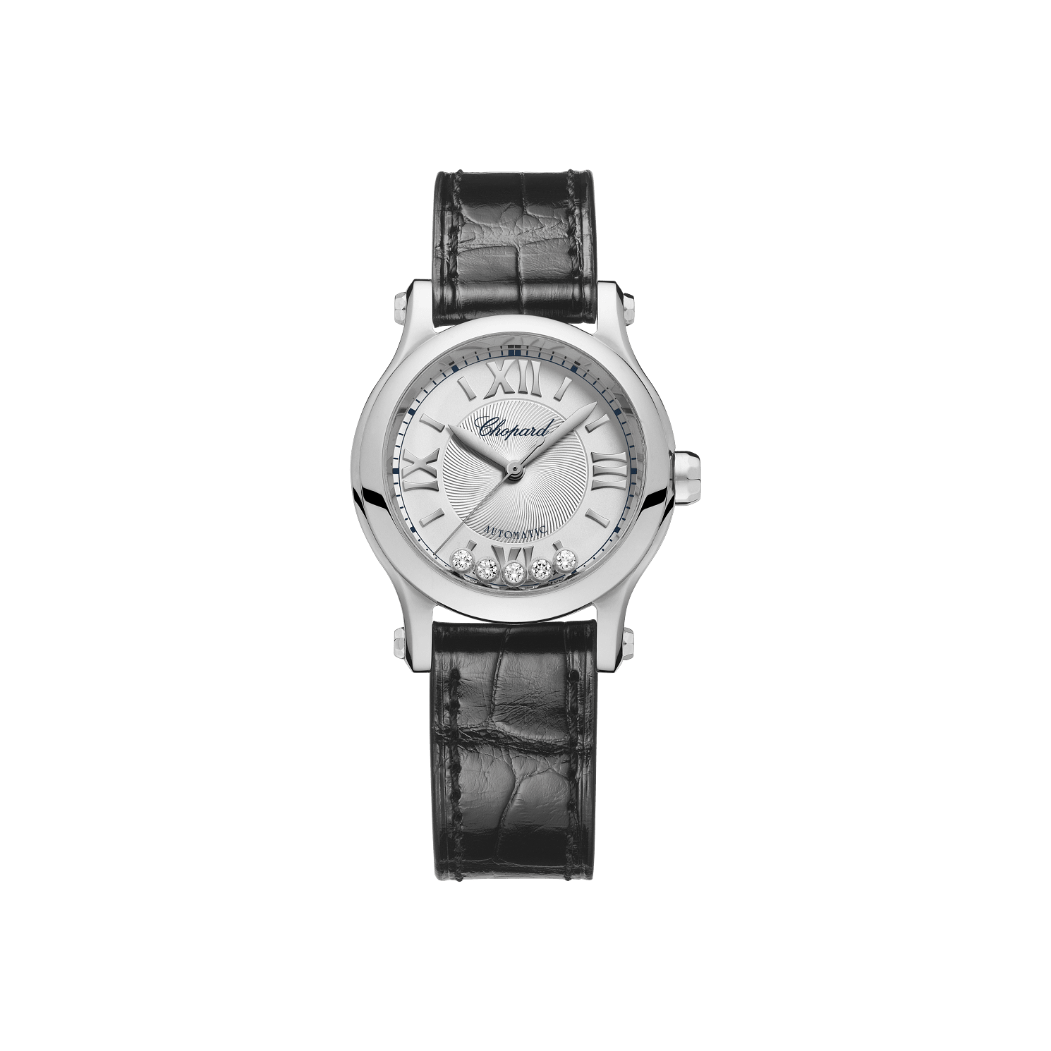 Chopard Happy Sport 30 mm Silver Dial with Diamonds Stainless Steel   Leather Strap 278573-3011 - WATCHXNYC