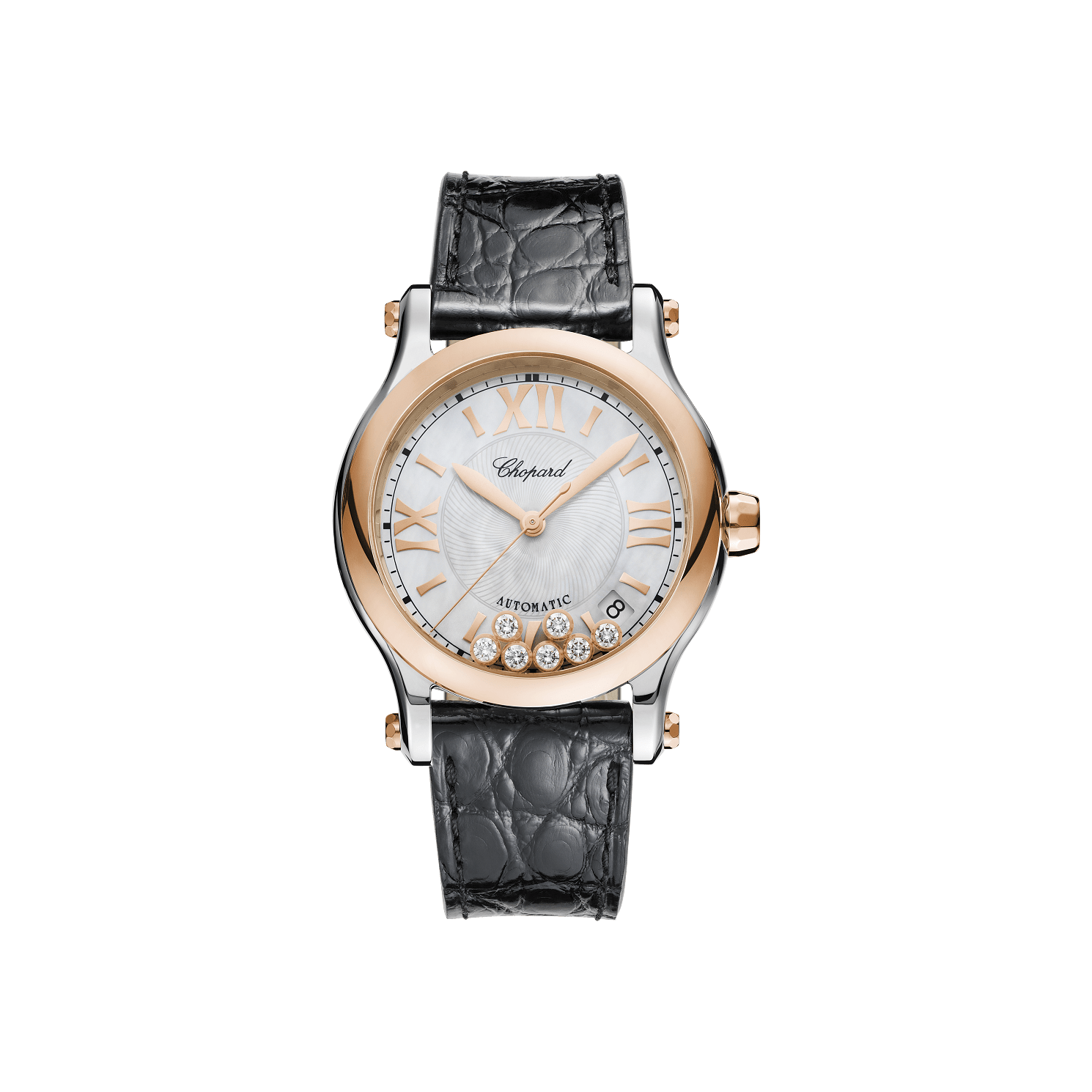 Chopard Happy Sport 36 mm White Mother-Of-Pearl Dial with Diamonds 18K Rose Gold And Stainless Steel   Leather Strap 278559-6008 - WATCHXNYC