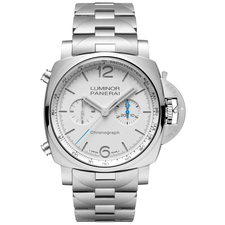Panerai Luminor Chrono 44 mm White Dial Brushed Steel Polished And Brushed Steel Bracelet PAM01548 - WATCHXNYC