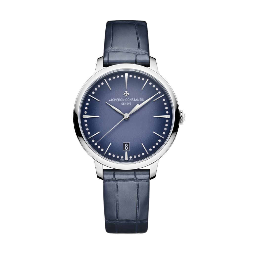 Vacheron Constantin Patrimony self-winding 36.5 mm Blue Dial with Diamonds White Gold   Leather Strap 4110U/000G-B906 - WATCHXNYC