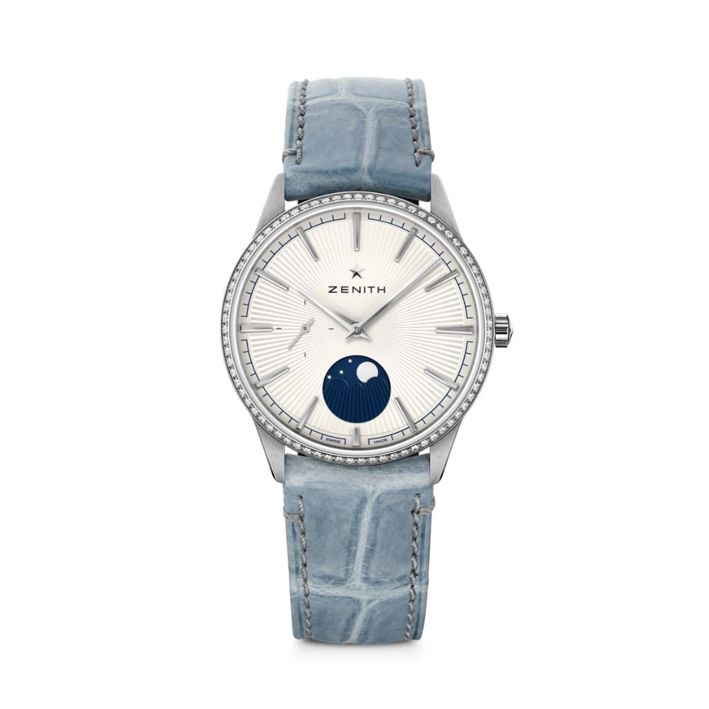 Zenith ELITE MOONPHASE 36 mm Silver Dial with Diamonds Stainless Steel   Leather Strap 16.3200.692/01.C832 - WATCHXNYC
