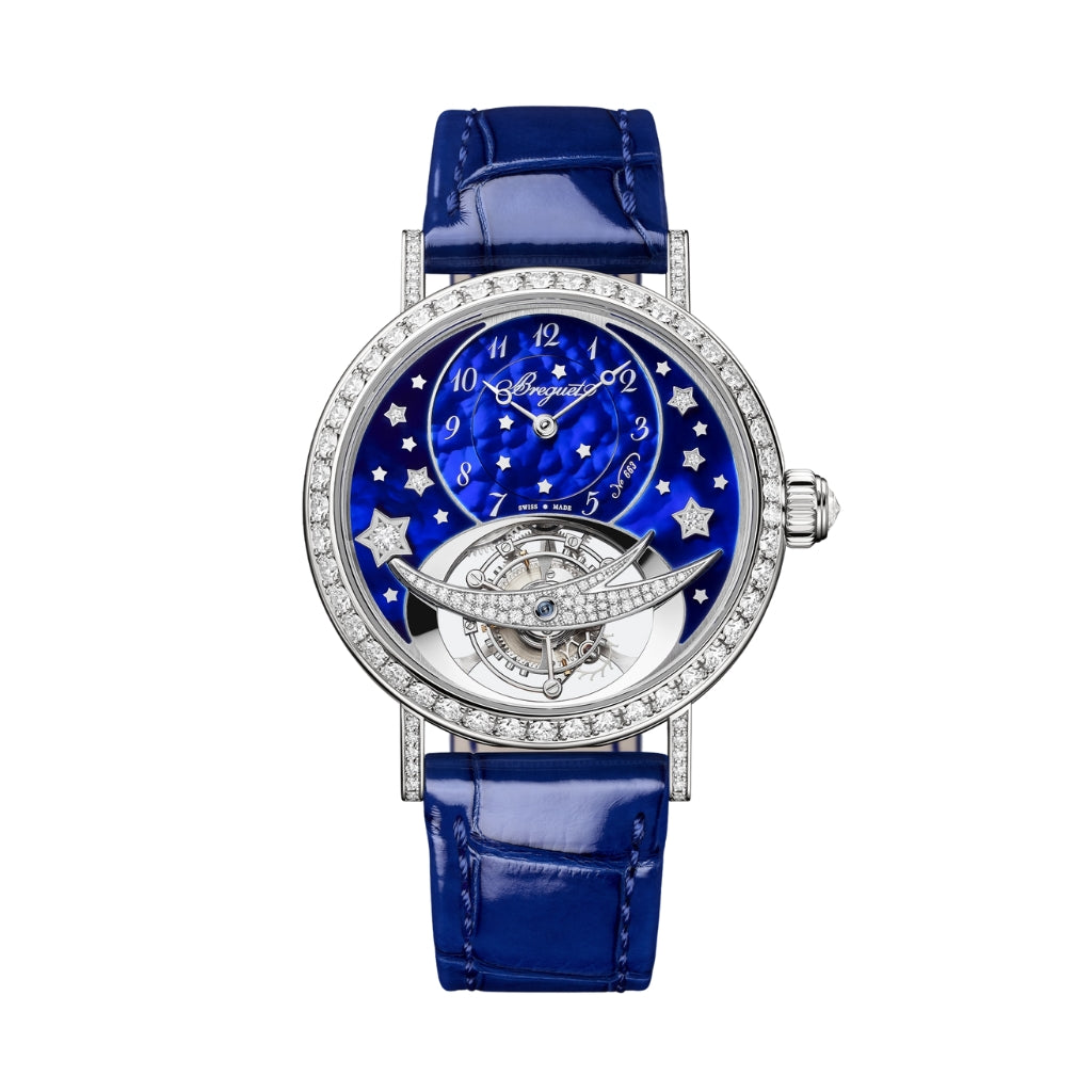Breguet Classique Tourbillon 3358 35 mm Blue Dial with Diamonds 18k White Gold Leather Strap 3358BB/VD/986 D0 - WATCHXNYC
