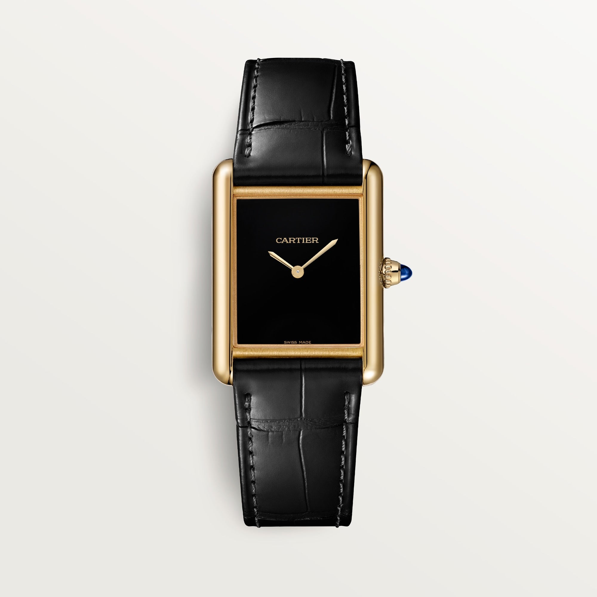 Cartier レトロ時計 ゴールド/ブラック Cartier Tank Louis Large Yellow Gold Black Lacquer Dial Black Leather
