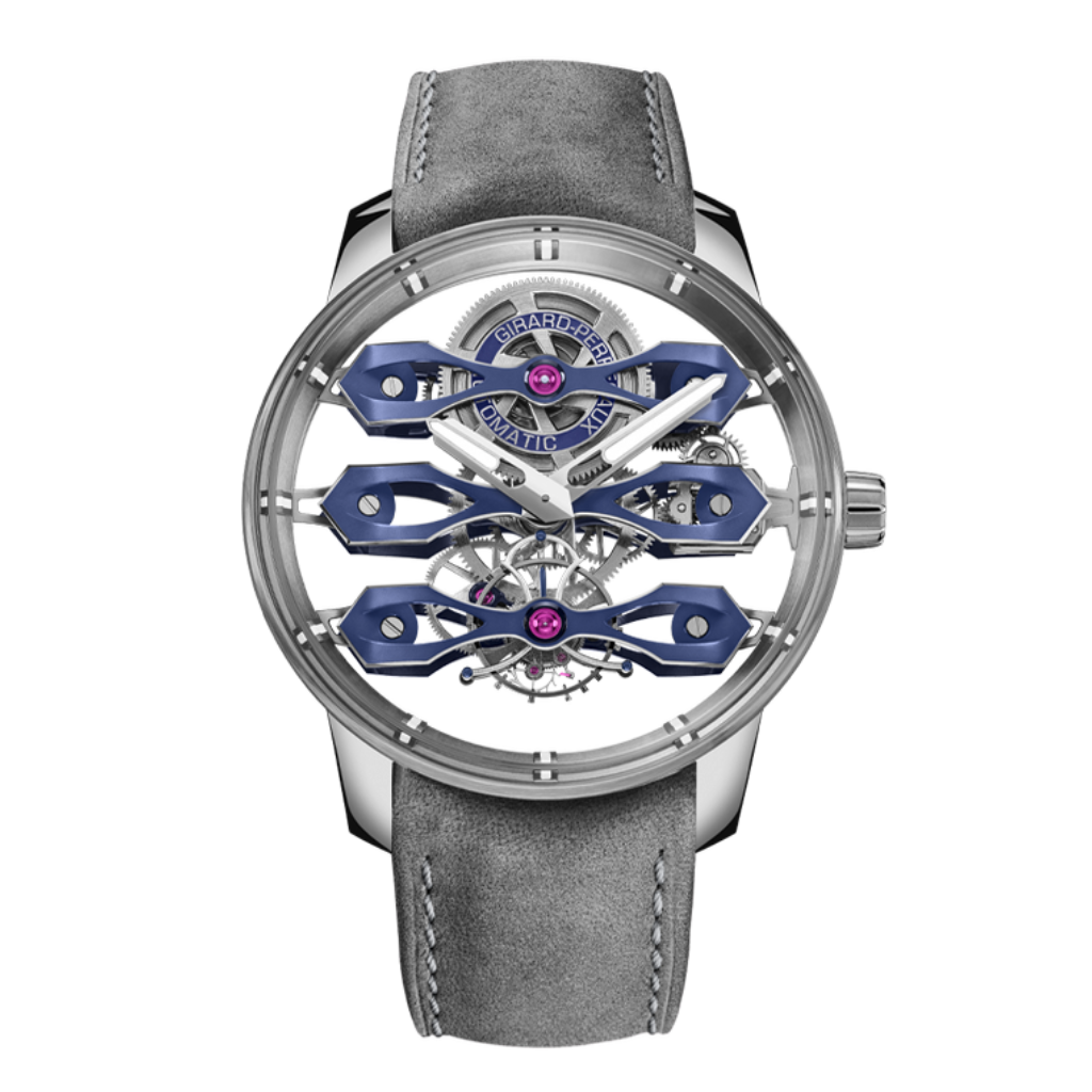 Girard-Perregaux Tourbillon with Three Flying Bridges Bucherer BLUE 44 mm Transparent Dial Titanium   Leather Strap 99296-21-3128-5GX - WATCHXNYC