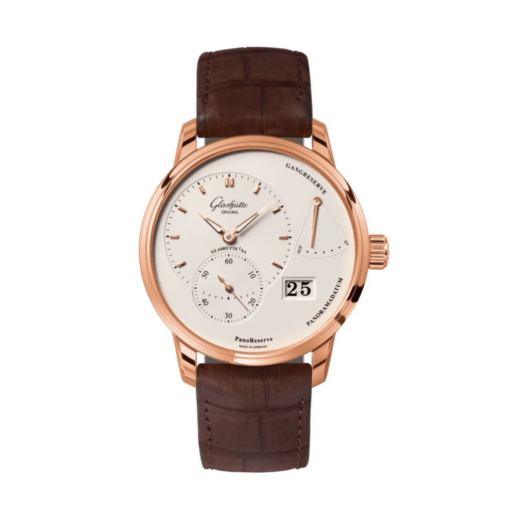 Glashuette Original PanoReserve 40 mm Silver Galvanized Dial Red Gold Louisiana   Nubuk Leather Strap 1-65-01-25-15-62 - WATCHXNYC