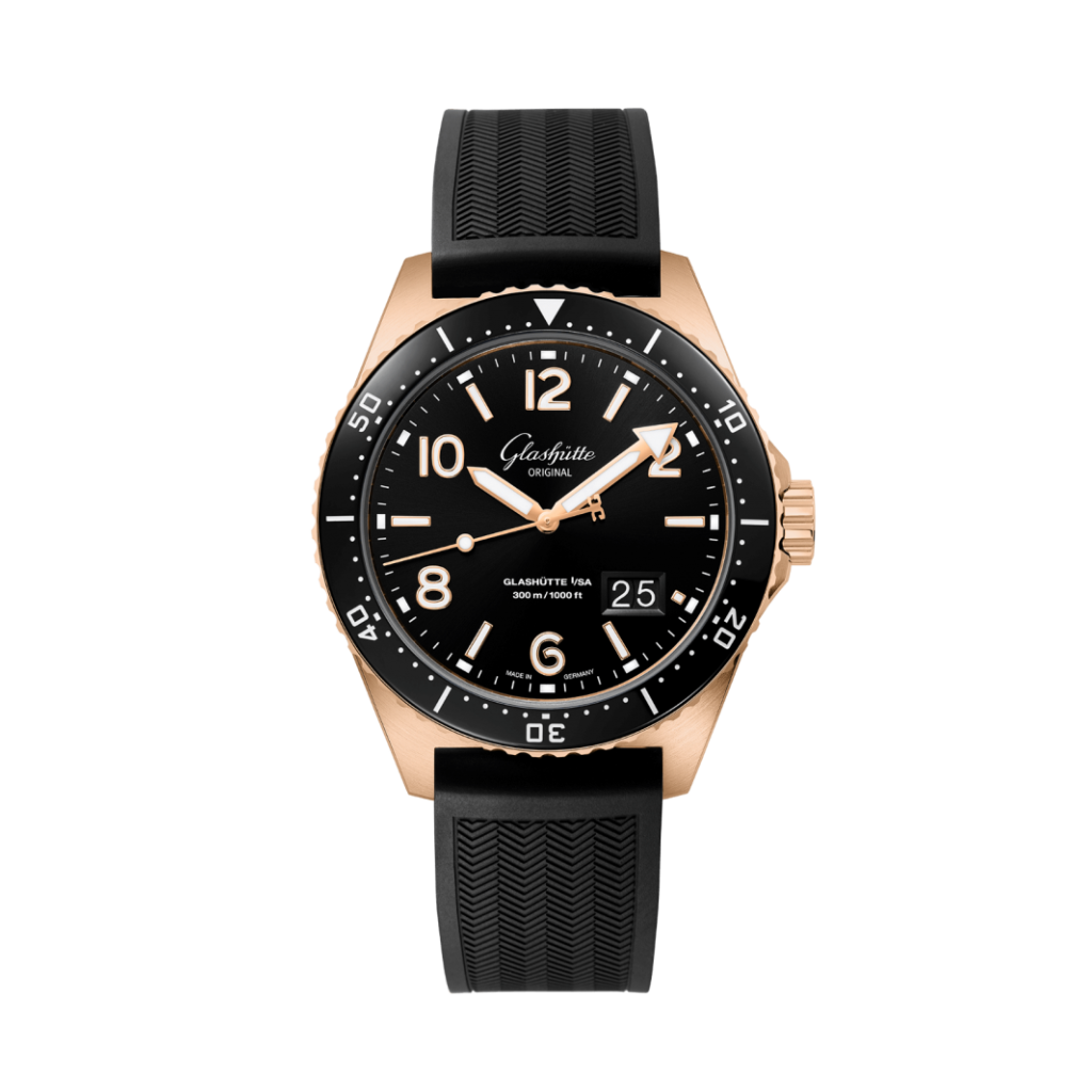 Glashuette Original SeaQ Panorama Date 43.20 mm Black Dial Red Gold Rubber Strap, Black 1-36-13-03-90-33 - WATCHXNYC