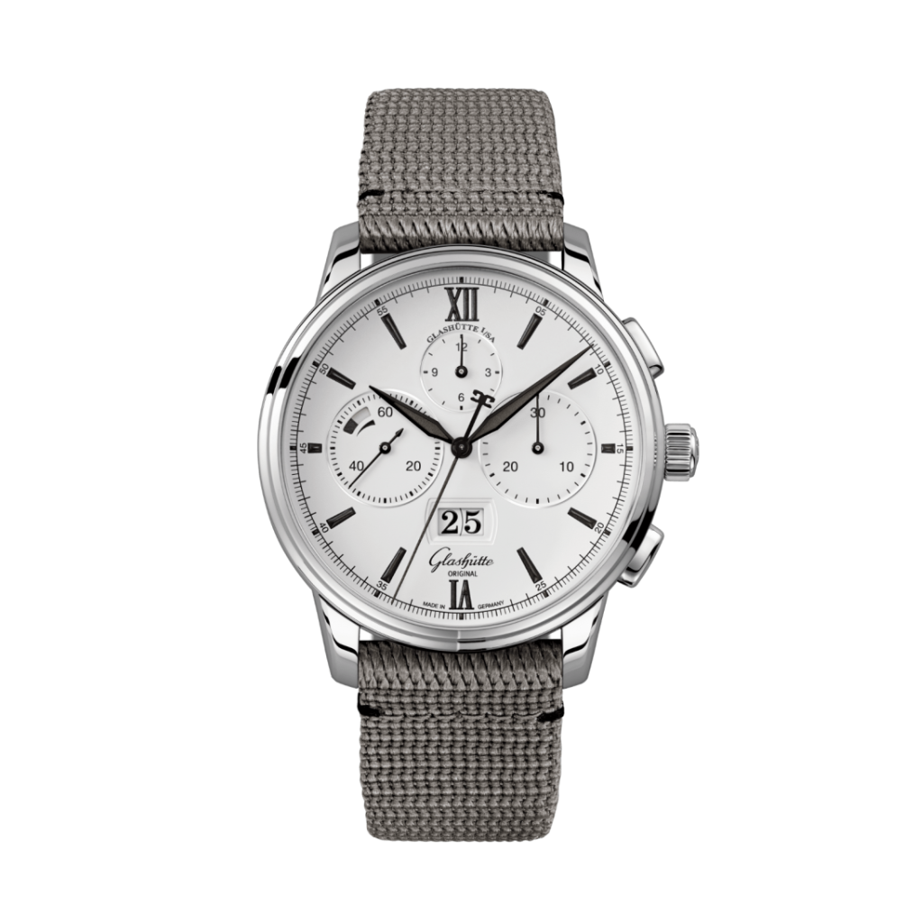 Glashuette Original Senator Chronograph Panorama Date 42 mm White Dial Stainless Steel Synthetic Strap, Grey 1-37-01-05-02-36 - WATCHXNYC