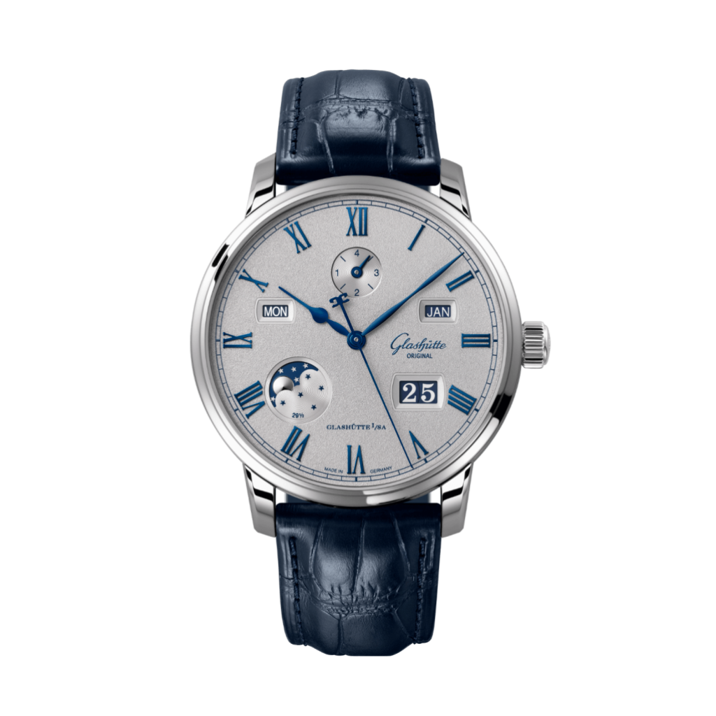 Glashuette Original Senator Excellence Perpetual Calendar 42 mm Grey Dial Stainless Steel Louisiana   Leather Strap, Blue 1-36-12-03-02-61 - WATCHXNYC