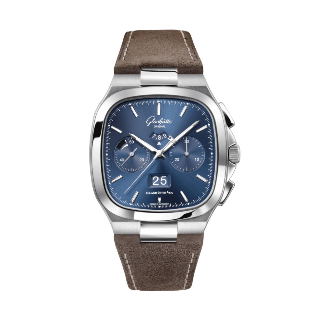 Glashuette Original Seventies Chronograph Panorama Date 40 mm Blue Dial Stainless Steel   Strap, Brown 1-37-02-08-02-62 - WATCHXNYC