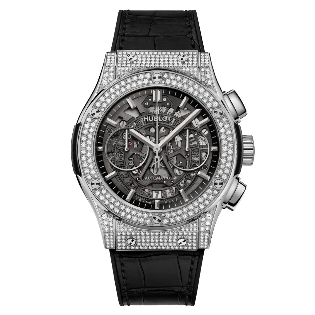 Hublot Classic Fusion Aerofusion Titanium Pavé 45 mm Transparent Dial with Diamonds Polished Titanium   Leather Strap 525.NX.0170.LR.1704 - WATCHXNYC