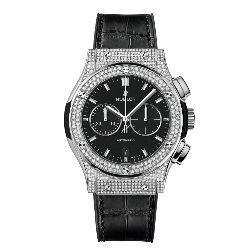 Hublot Classic Fusion Chronograph Titanium Pavé 42 mm Black Dial with Diamonds Polished Titanium   Leather Strap 541.NX.1171.LR.1704 - WATCHXNYC
