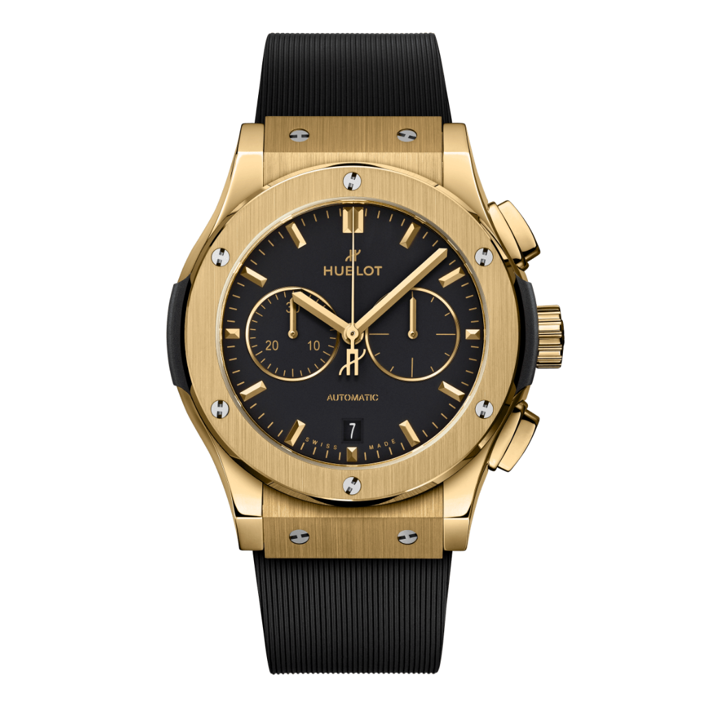 Hublot Classic Fusion Chronograph Yellow Gold 42 mm Black Dial Polished 18K Yellow Gold Rubber Strap 541.VX.1130.RX - WATCHXNYC