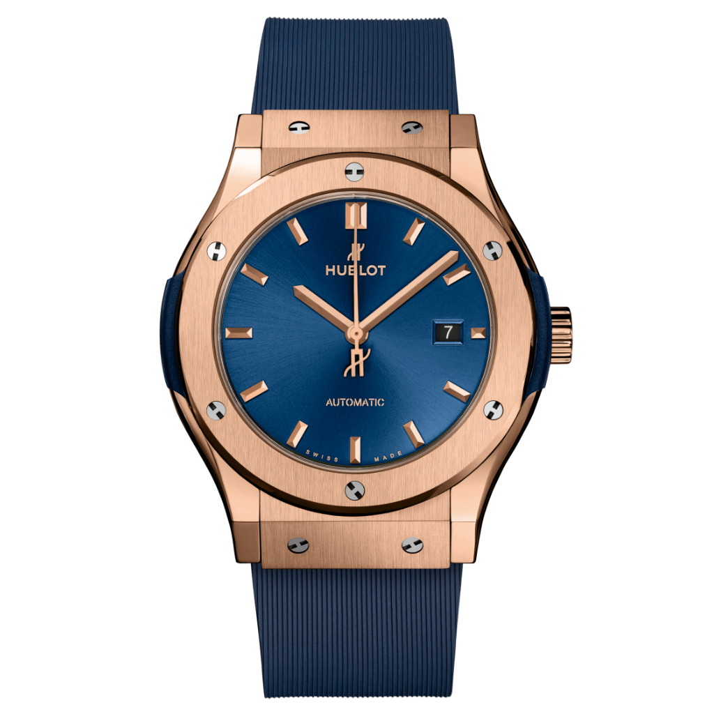 Hublot Classic Fusion King Gold Blue 42 mm Blue Dial Polished 18K King Gold Rubber Strap 542.OX.7180.RX - WATCHXNYC