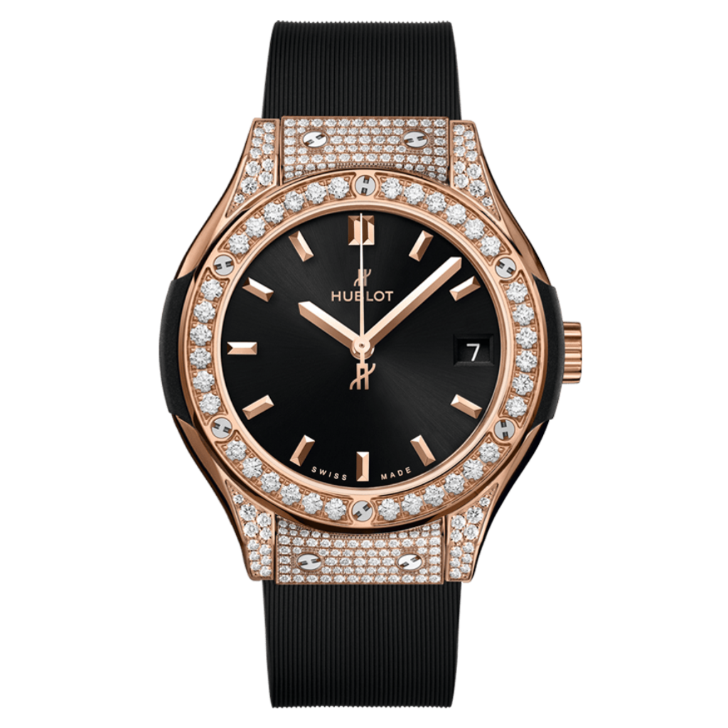 Hublot Classic Fusion King Gold Pavé 33 mm Black Dial with Diamonds Polished 18K King Gold   Leather Strap 581.OX.1480.RX.1704 - WATCHXNYC