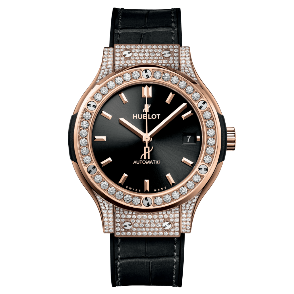 Hublot Classic Fusion King Gold Pavé 38 mm Black Dial with Diamonds Polished 18K King Gold   Leather Strap 565.OX.1480.LR.1604 - WATCHXNYC