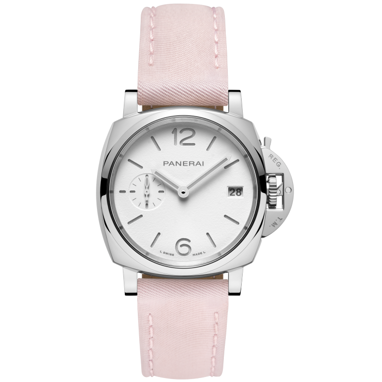 Panerai Luminor Due 38 mm White Dial Polished Steel Prada Re-Nylon Alabastro Strap PAM01425 - WATCHXNYC