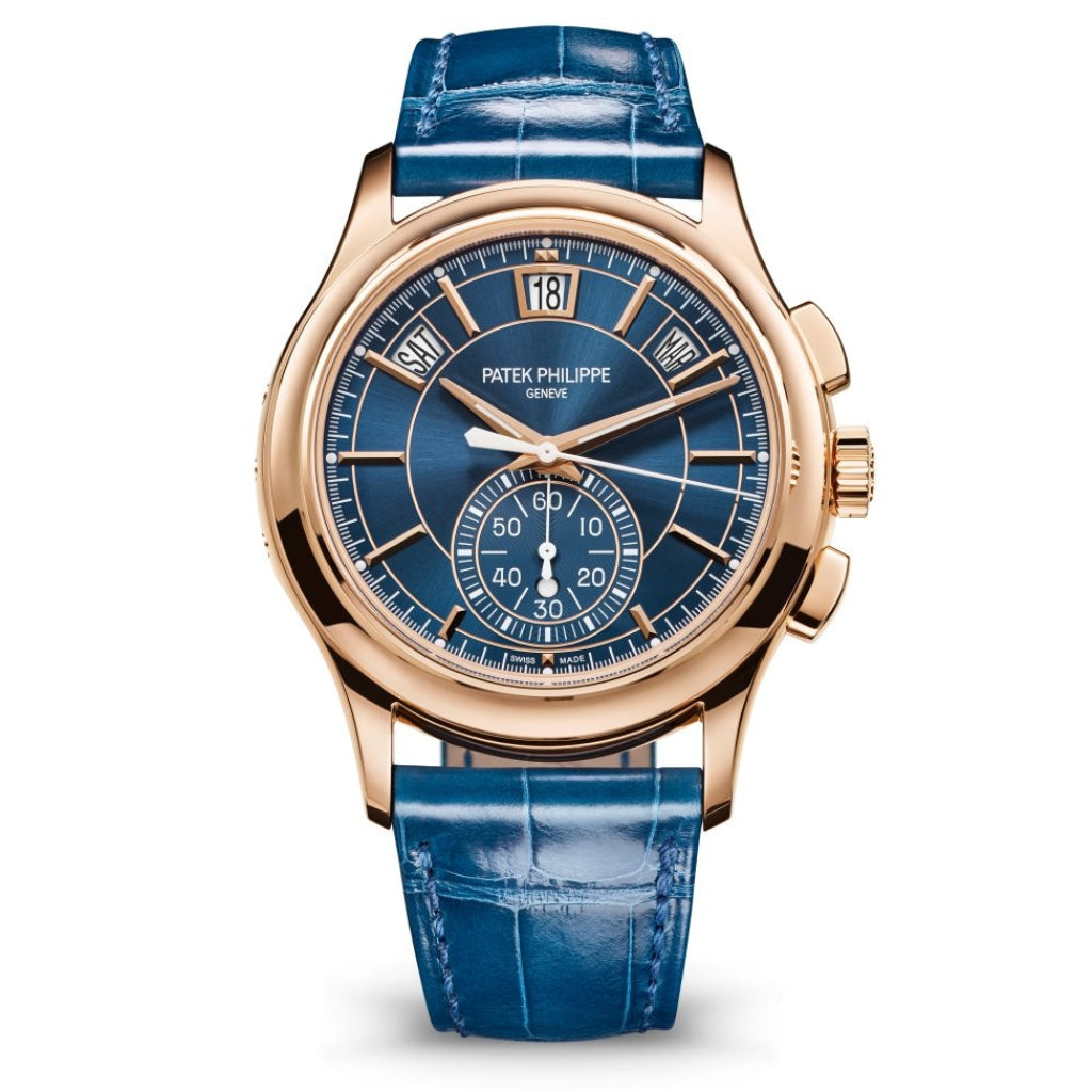 Patek Philippe Complications Flyback Chrono Sunburst Blue Dial Rose Gold  Case Blue Strap 42mm 5905R-010 | WATCHXNYC