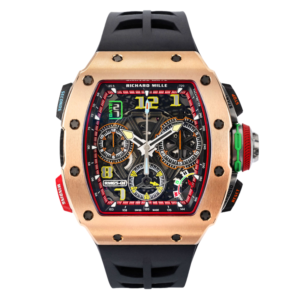 Richard Mille RM65-01 Split-Seconds Chronograph 44.5 mm x 49.5 mm Transparent Dial 18k Rose Gold Rubber Strap - WATCHXNYC