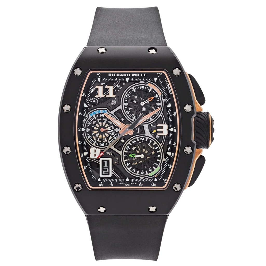 Richard Mille RM72-01 Automatic Winding Lifestyle Flyback Chronograph 38.40 mm x 47.34 mm Transparent Dial 18k Rose Gold and Black Ceramic Rubber Strap - WATCHXNYC