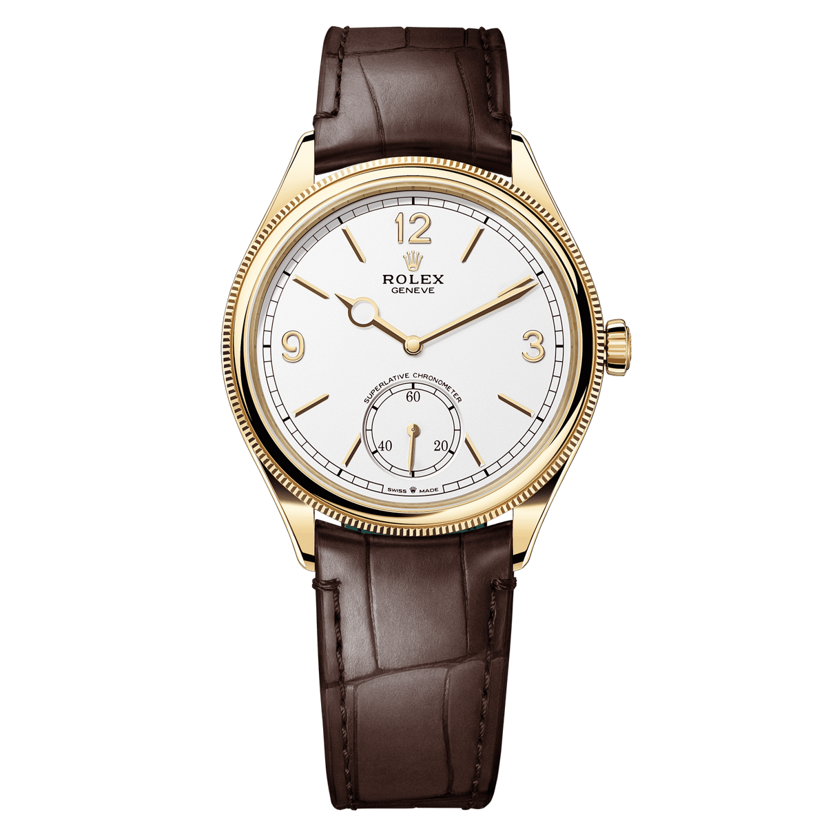 ROLEX カタログ Rolex 1908 39 mm Intense White Dial 18 Kt Yellow Gold Matt Brown Leath