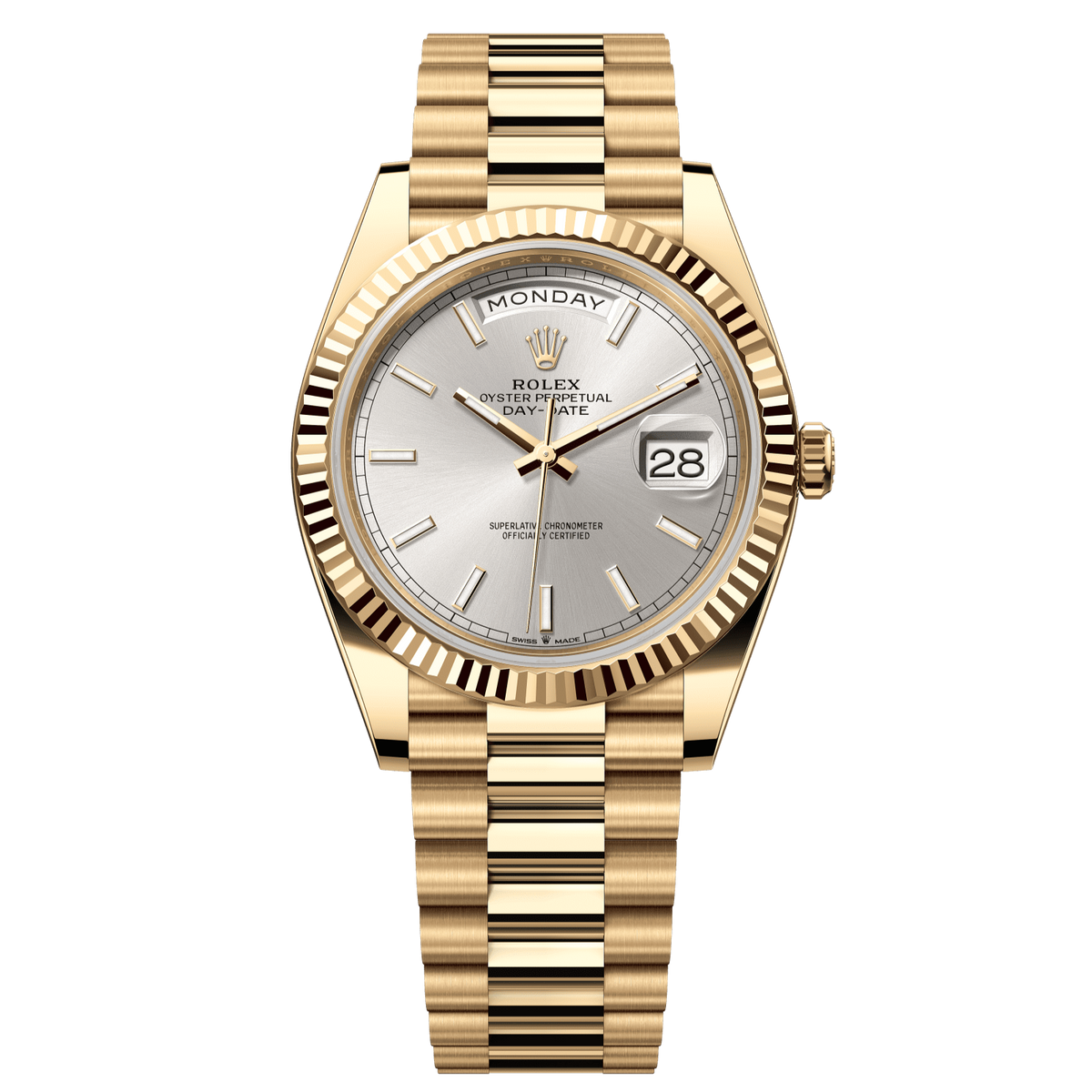 Rolex Day-Date 40 mm Silver Dial 18k Yellow Gold President Bracelet 22