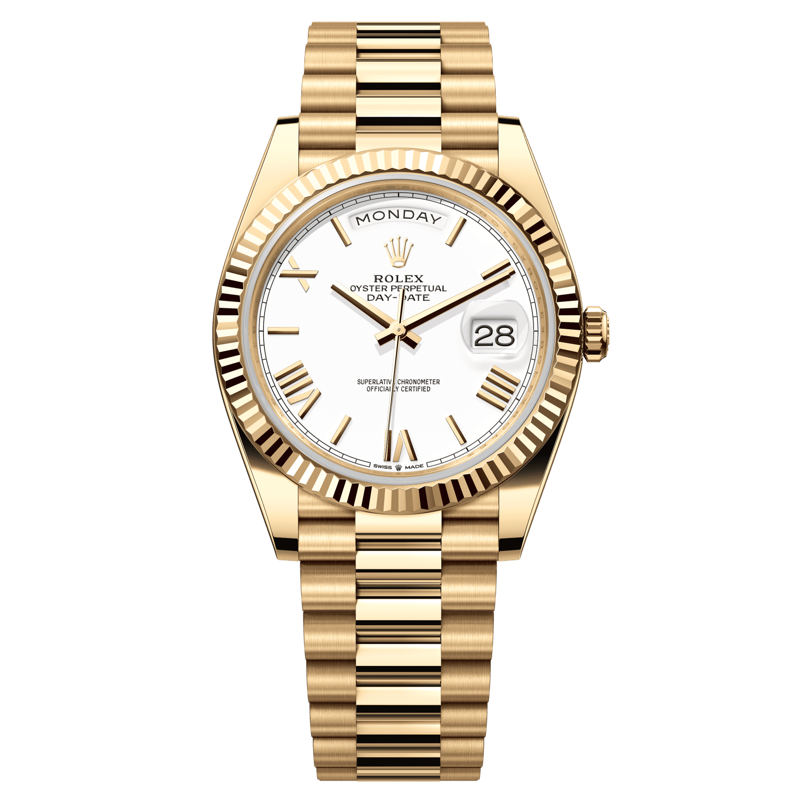 Rolex Day-Date 40 mm White Dial 18k Yellow Gold President Bracelet 228