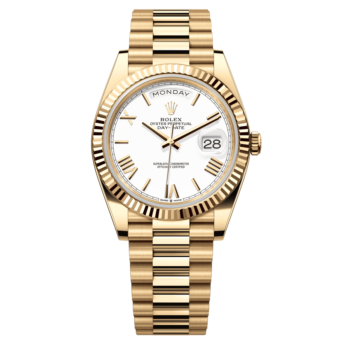 Rolex Day-Date 40 mm White Dial 18k Yellow Gold President Bracelet 228