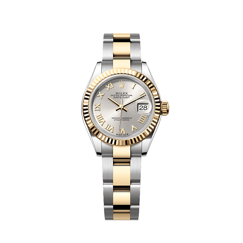 ROLEX レディース デイトジャスト ゴールド/シルバー Rolex Lady-Datejust 28 mm Silver Dial 18 kt Yellow Gold Oyster Bracele