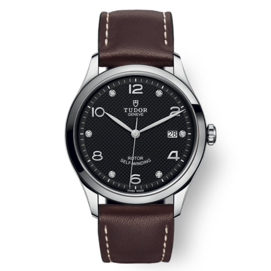 Tudor 1926 39 mm Black Dial with Diamonds Stainless Steel Leather Strap M91550-0009 - WATCHXNYC