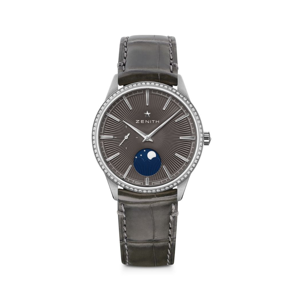 Zenith ELITE MOONPHASE 36 mm Grey Dial with Diamonds Stainless Steel   Leather Strap 16.3200.692/03.C833 - WATCHXNYC