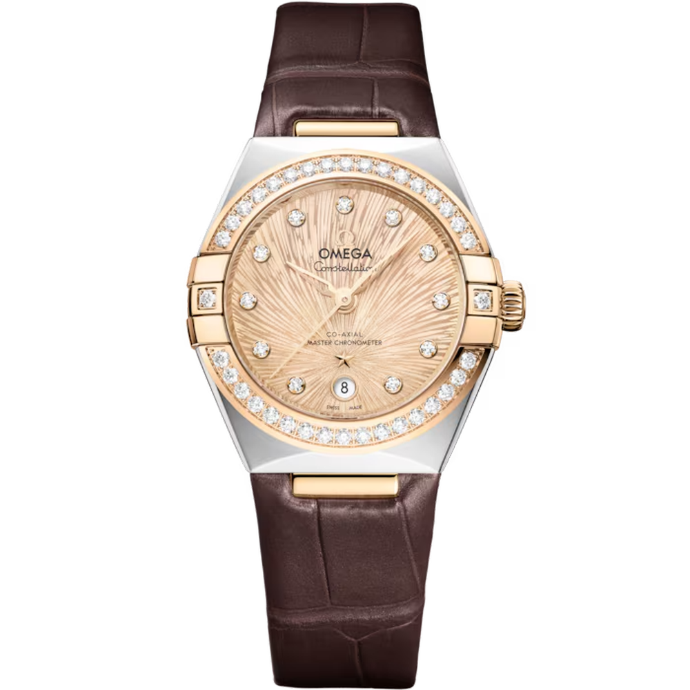 OMEGA Constellation Yellow Dial Steel ‑ Moonshine™ Gold Brown Alligator Leather Strap 29 mm 131.28.29.20.58.001