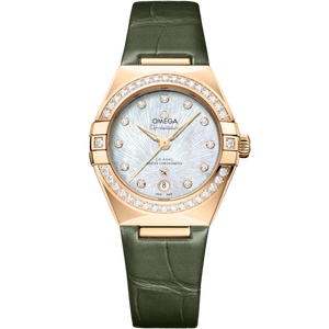 Omega Constellation White Mother-Of-Pearl Dial Moonshine™ Gold Green Alligator Leather Strap 29 mm 131.58.29.20.55.003