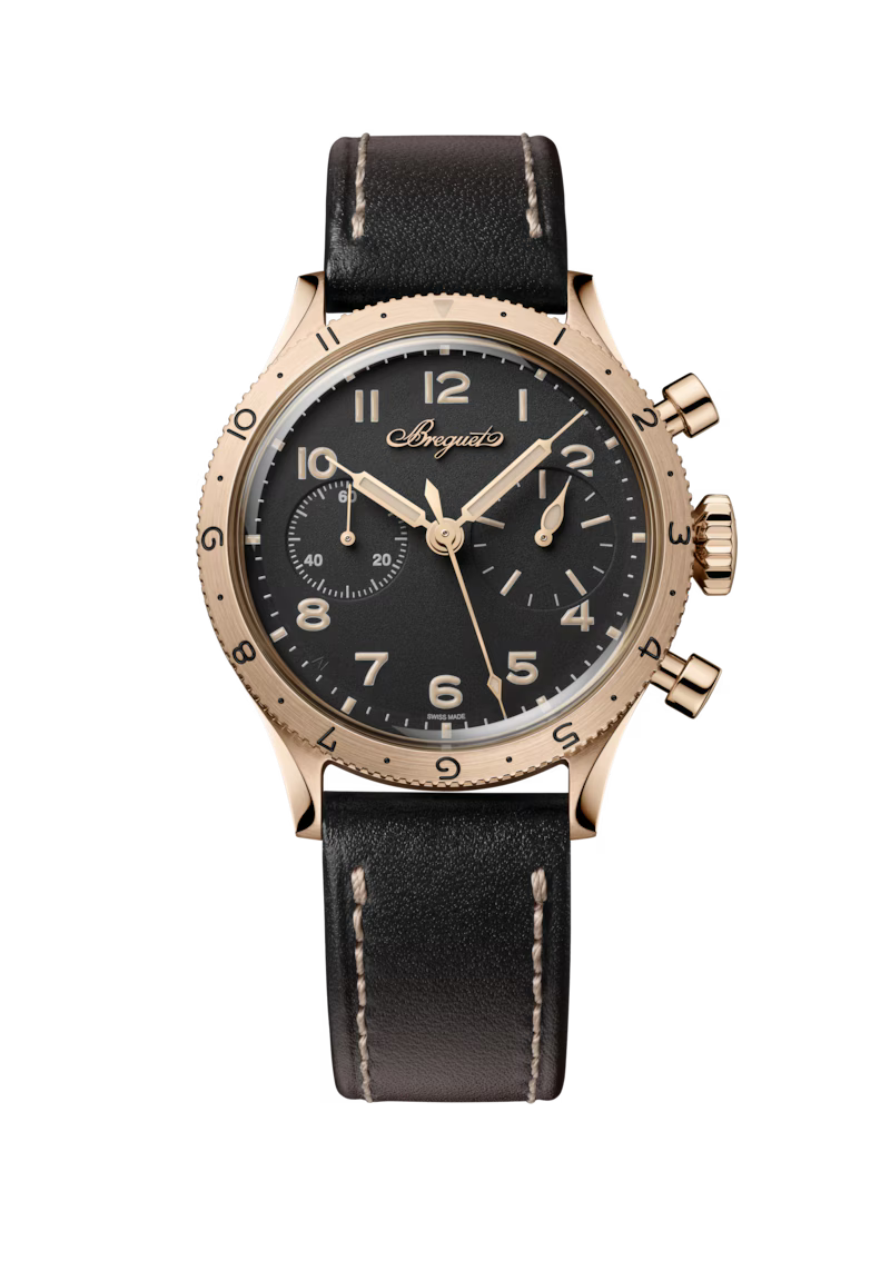 Breguet Type XX Chronographe 2075 Black Dial 18K Breguet Gold Black Calfskin Strap 38.3 mm 2075BH/99/398