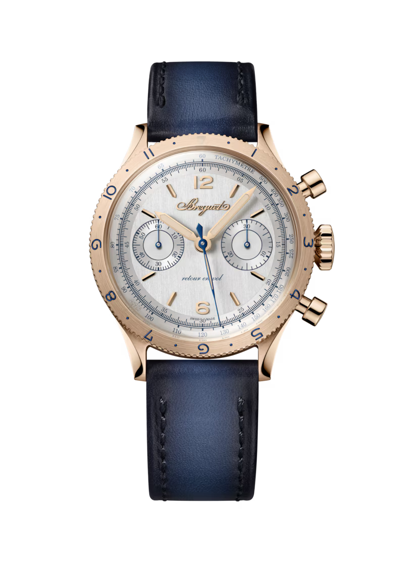 Breguet Type XX Chronographe 2075 Silver Dial 18K Breguet Gold Blue Calfskin Leather Strap 38.3 mm 2075BH/G9/398