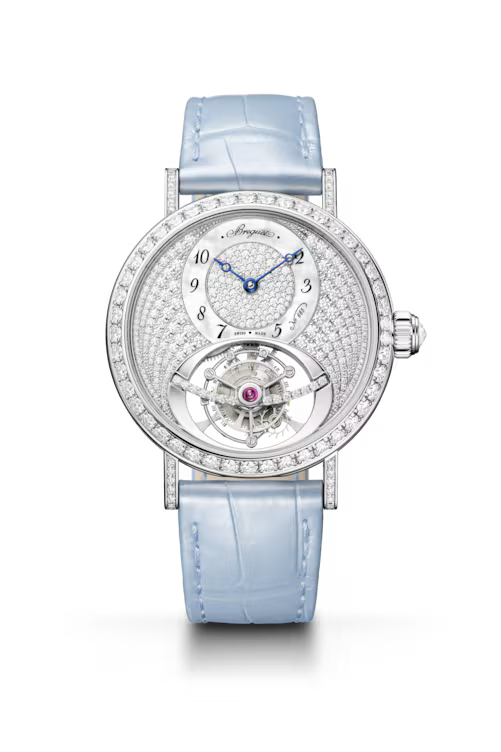Breguet Classique Tourbillon 3358 White Mother-of-Pearl Dial 18K White Gold Blue Alligator Leather Strap 35 mm 3358BB/8D/986 D0