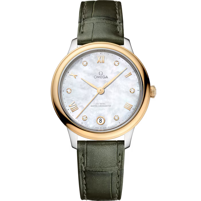Omega De Ville Prestige White Dial Steel ‑ Yellow Gold Green Alligator Leather Strap 34 mm 434.23.34.20.55.002