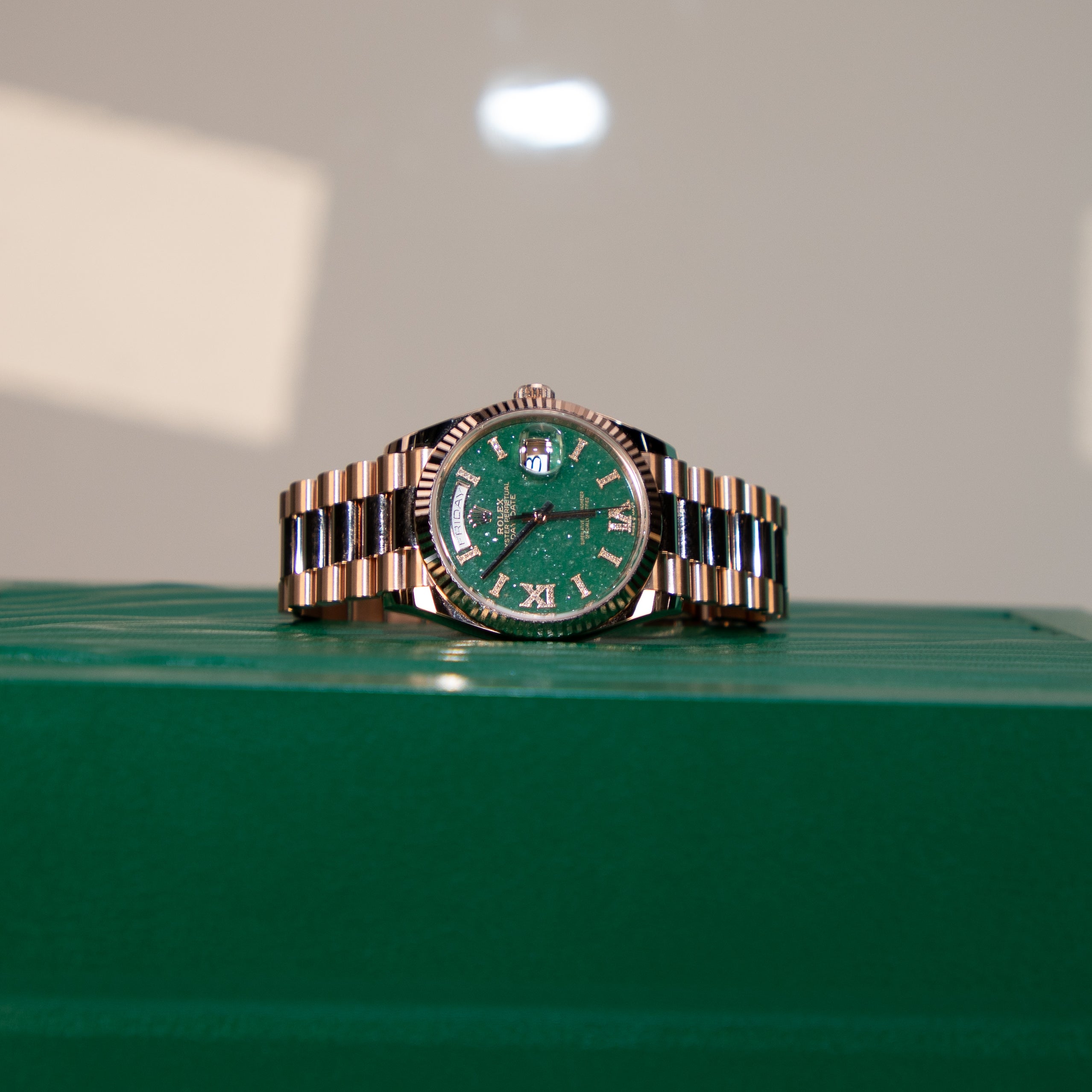 Rolex Day-Date 36 mm Green Aventurine Set With Diamonds Dial 18 kt Eve
