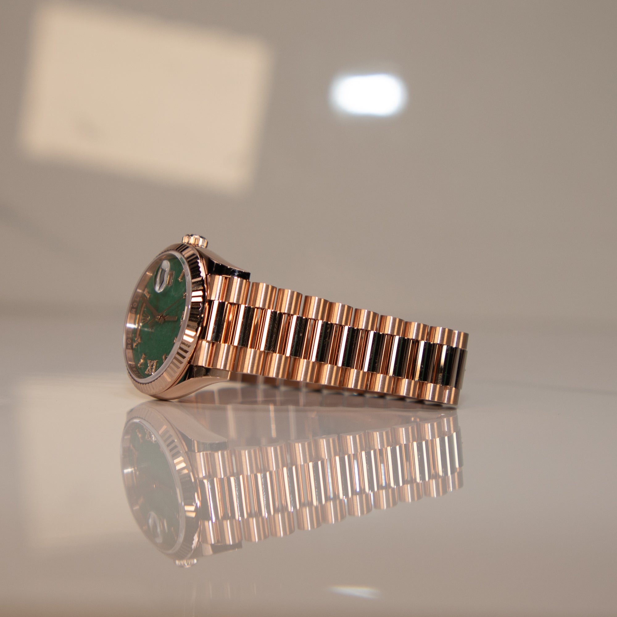Rolex Day-Date 36 36 mm Green Aventurine Set With Diamonds Dial 18 kt Everose Gold President Bracelet 128235-0068