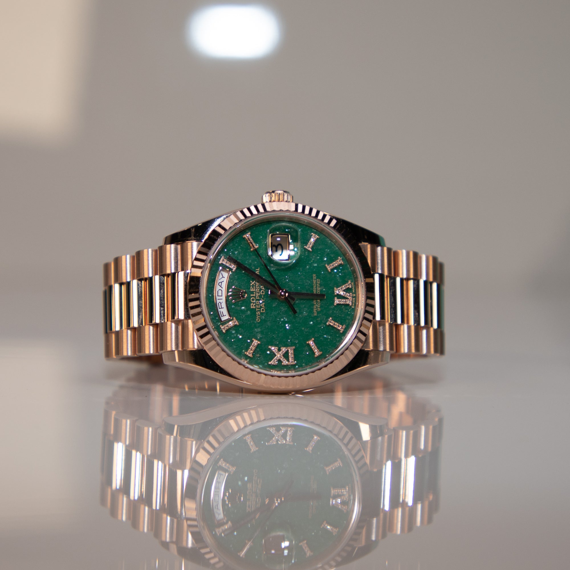 Rolex Day-Date 36 36 mm Green Aventurine Set With Diamonds Dial 18 kt Everose Gold President Bracelet 128235-0068