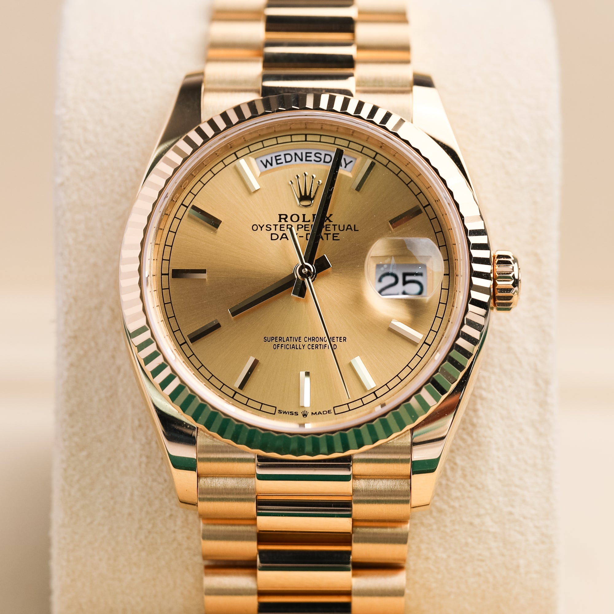 Rolex Day-Date 36 36 mm Champagne-Colour Dial 18k Yellow Gold President Bracelet 128238-0045 - WATCHXNYC