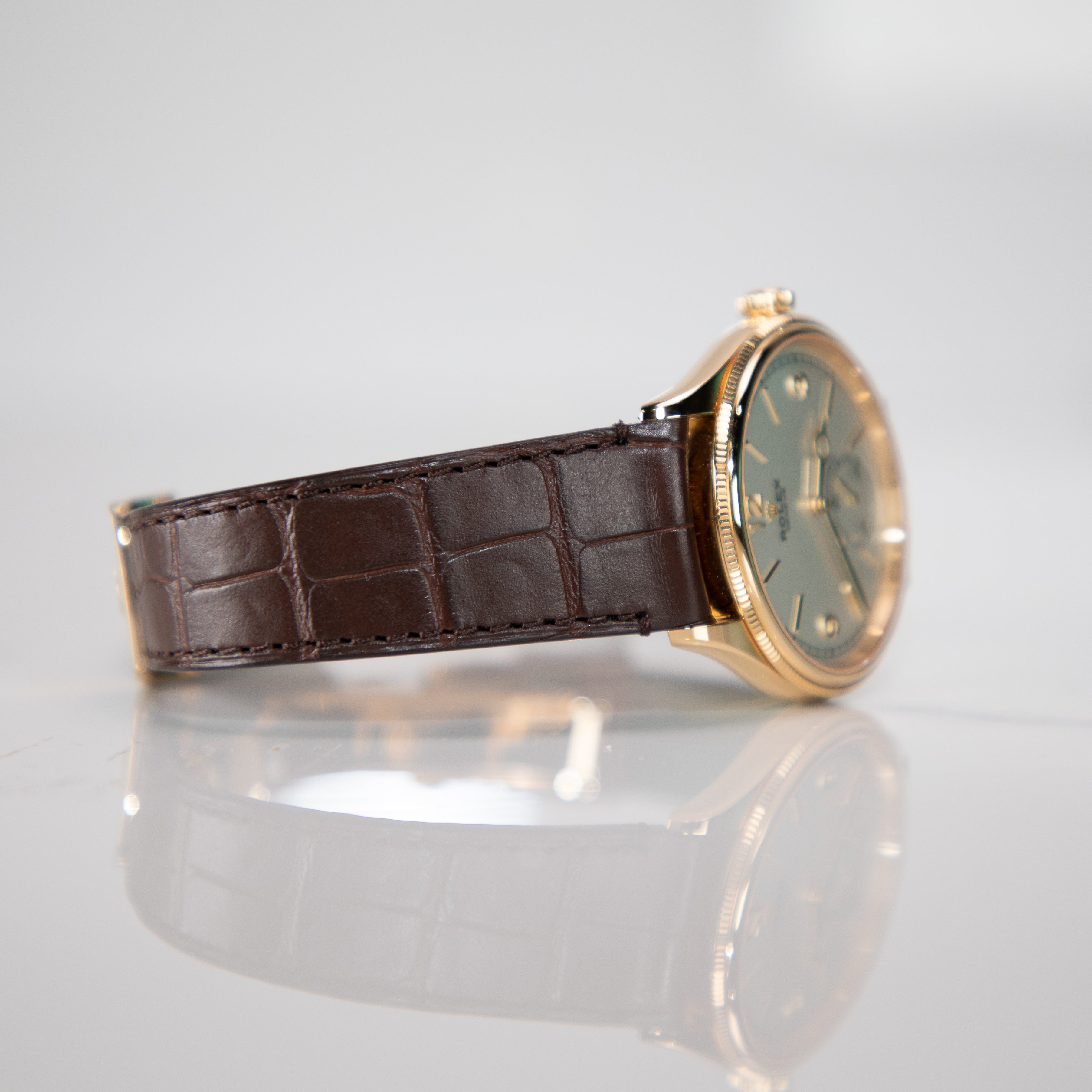 Rolex 1908 39 mm Intense White Dial 18 Kt Yellow Gold Matt Brown Leath